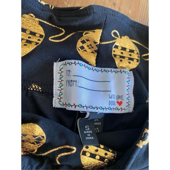 Derek Heart Holiday Leggings Black Shiny Gold Ornament Patterned Christmas Pant - Picture 4 of 11